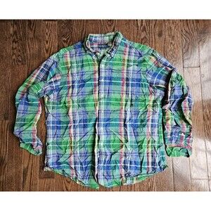 Ralph Lauren Long Sleeve Shirt Mens XXL  Blue Green Plaid Classic Fit  Red Pony